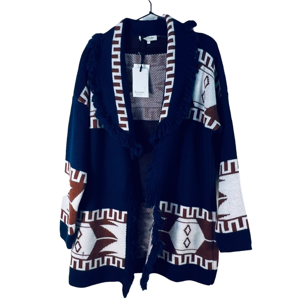 Cocogio Womens Cardigan Sweater Blue Aztec Long Sleeve Open Front Italy S New